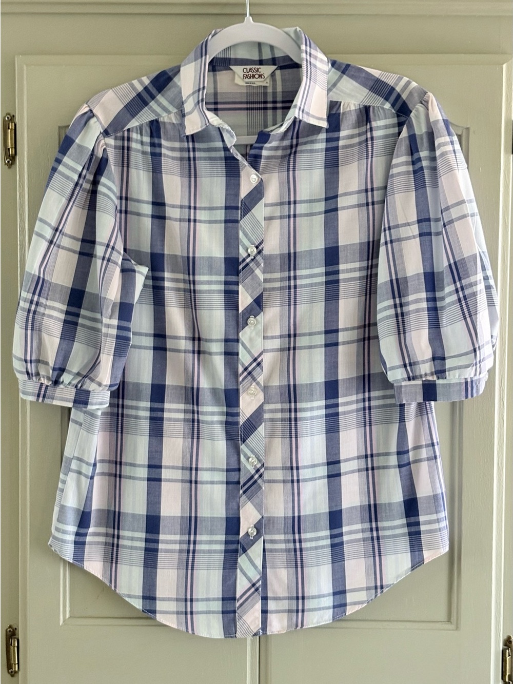 CLASSIC FASHIONS Vintage Cotton Poly Blend Lightweight Plaid Blouse | Medium